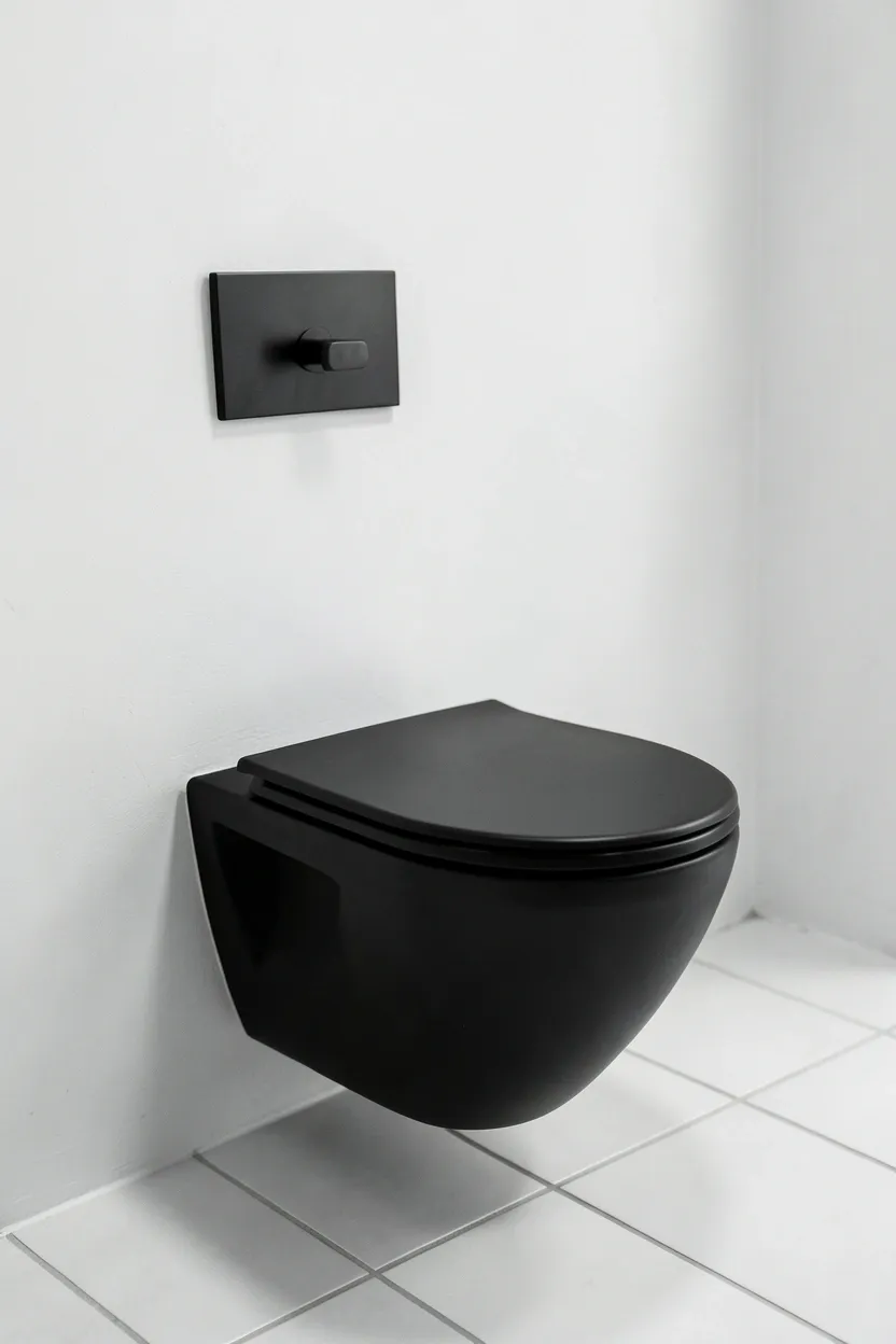 Matte black wall-mounted toilet with concealed tank in a contemporary bathroom — minimalist floating design with dark tile accent wall