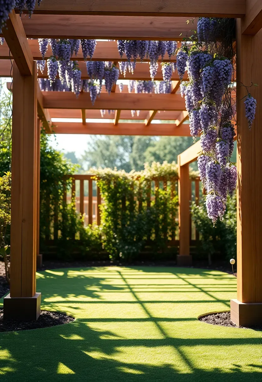 Putting green sheltered under a wooden pergola with climbing vines on the posts and filtered sunlight on the turf