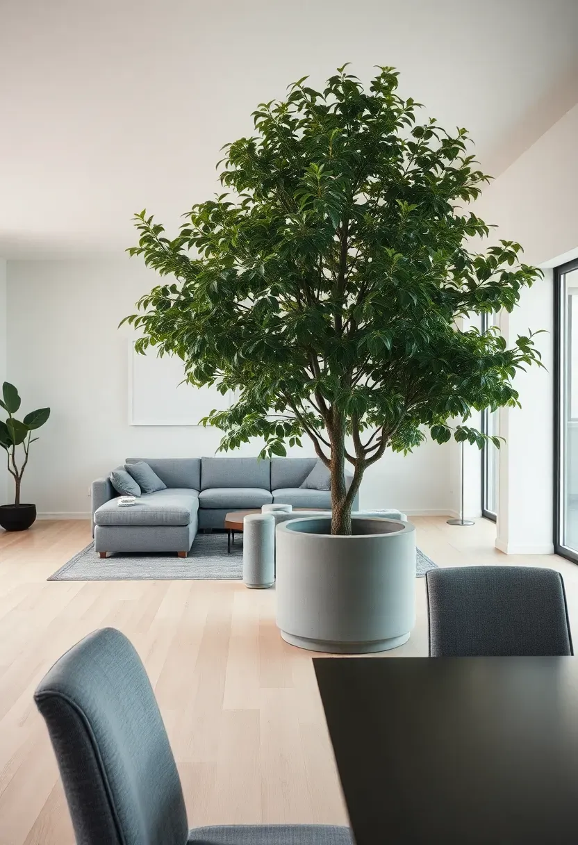 Hyper-realistic wide shot of open-plan living space with large indoor tree creating subtle zone divider. Tree in matte gray concrete cylindrical planter, 7 feet tall with dense canopy. Behind: living area with gray sofa, white walls. Foreground: dining table partly visible, showing plant separates zones without blocking view. Light wood floor continues throughout. Abundant empty space around tree. Materials: concrete pot, variegated leaves, gray linen furniture. Soft diffused light from large windows, minimal shadows. Modern minimalist mood where single architectural plant delineates space.</p>
