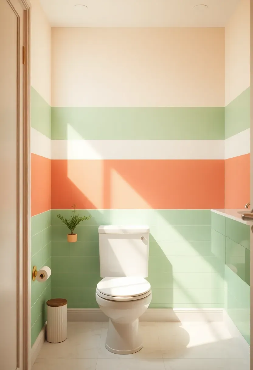 Color-blocked bathroom wall with mint green and coral horizontal stripes, modern playful decor