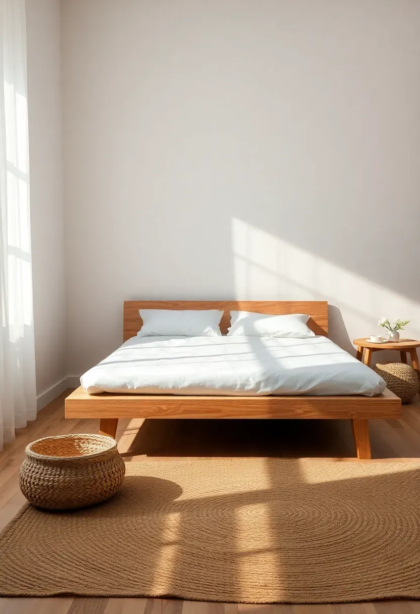 Hyper-realistic 3/4 view of a minimalist boho bedroom featuring a low platform bed with light oak wood frame. Materials: natural wood grain visible, white linen bedding, jute rug. Morning sunlight creating long shadows across the floor. Zen-like minimalist mood with edited decor—just bed and one small woven basket. No text, no logos, no watermarks.</p>
