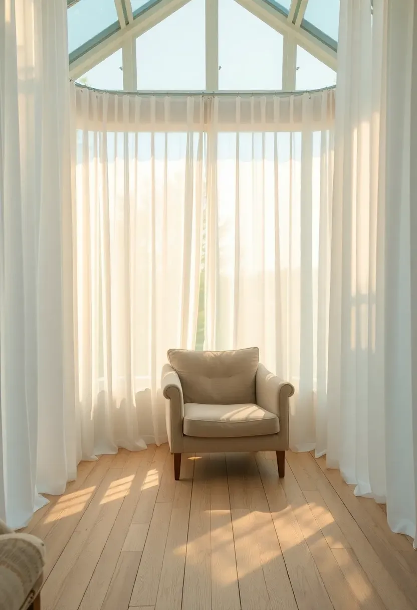 Breezy white sheer curtains filtering golden sunlight along the glass walls of a sun room