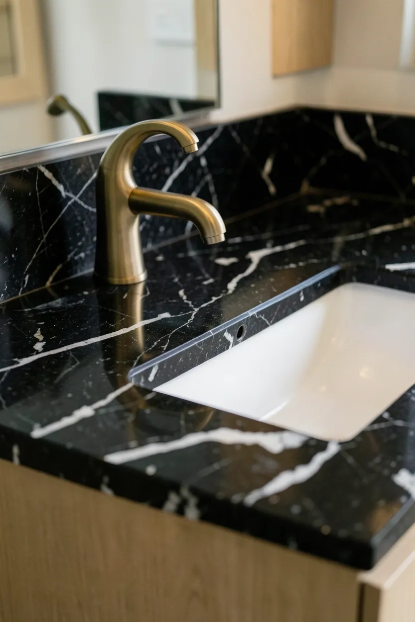 Classic black and white checkerboard bathroom floor tiles with bold graphic pattern in a modern space