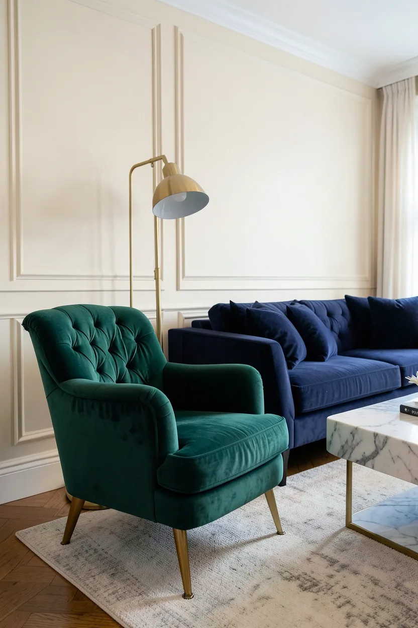 Pair of emerald green button-tufted accent chairs with walnut legs flanking a brass side table in a sophisticated living room