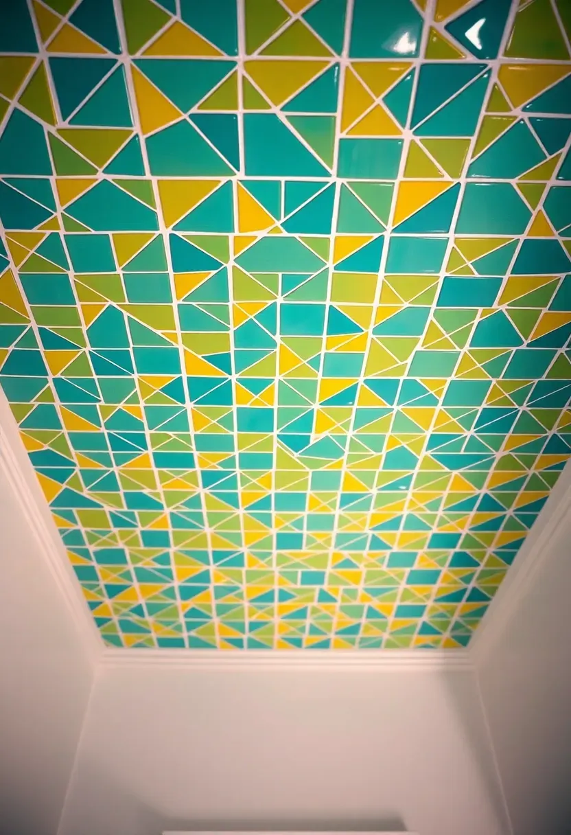Ceiling covered with colorful patterned tiles in Toca Boca hotel bathroom