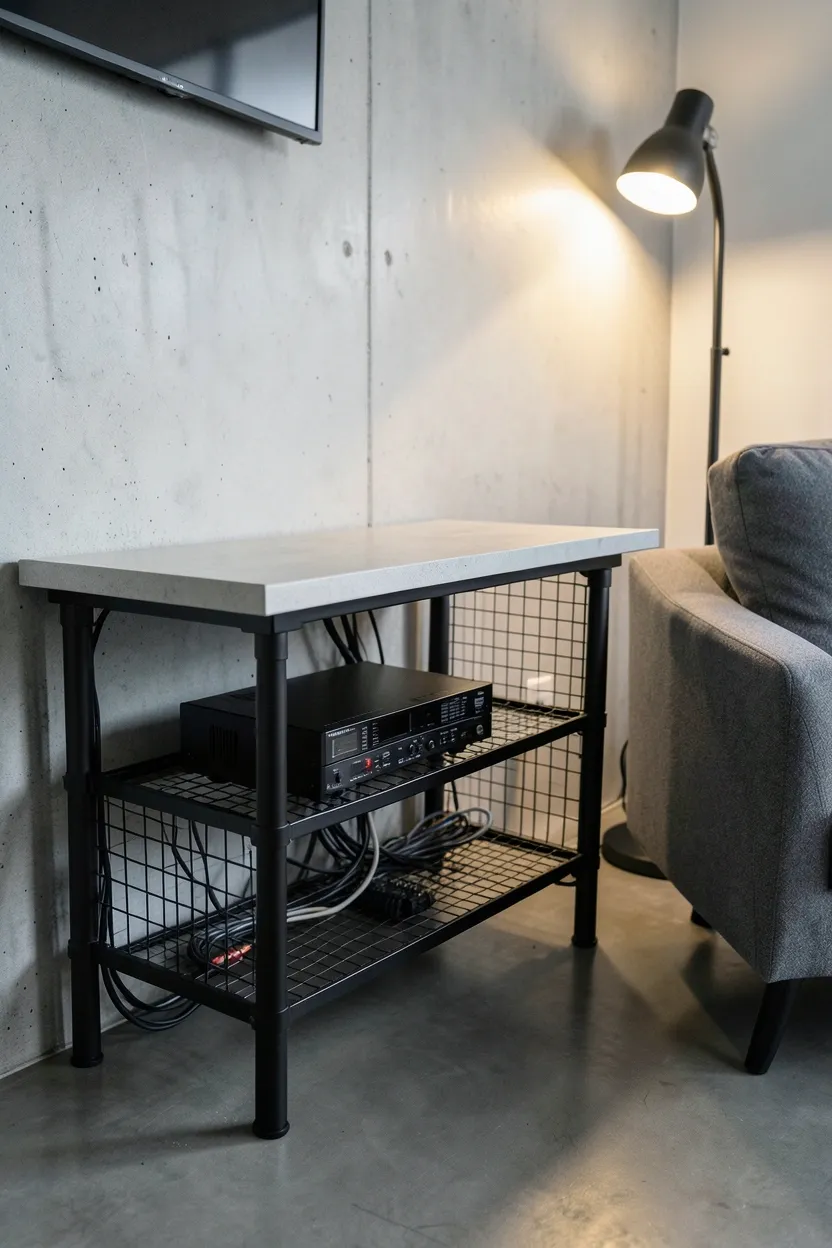 Low-profile industrial entertainment unit with concrete top, metal pipe legs, and open wire mesh shelving displaying media equipment in a minimalist industrial living room