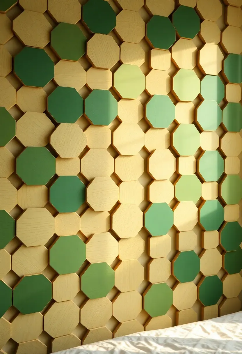 DIY hexagon honeycomb wall display in a teen bedroom with wooden hex tiles painted in ombre purple and white gradient