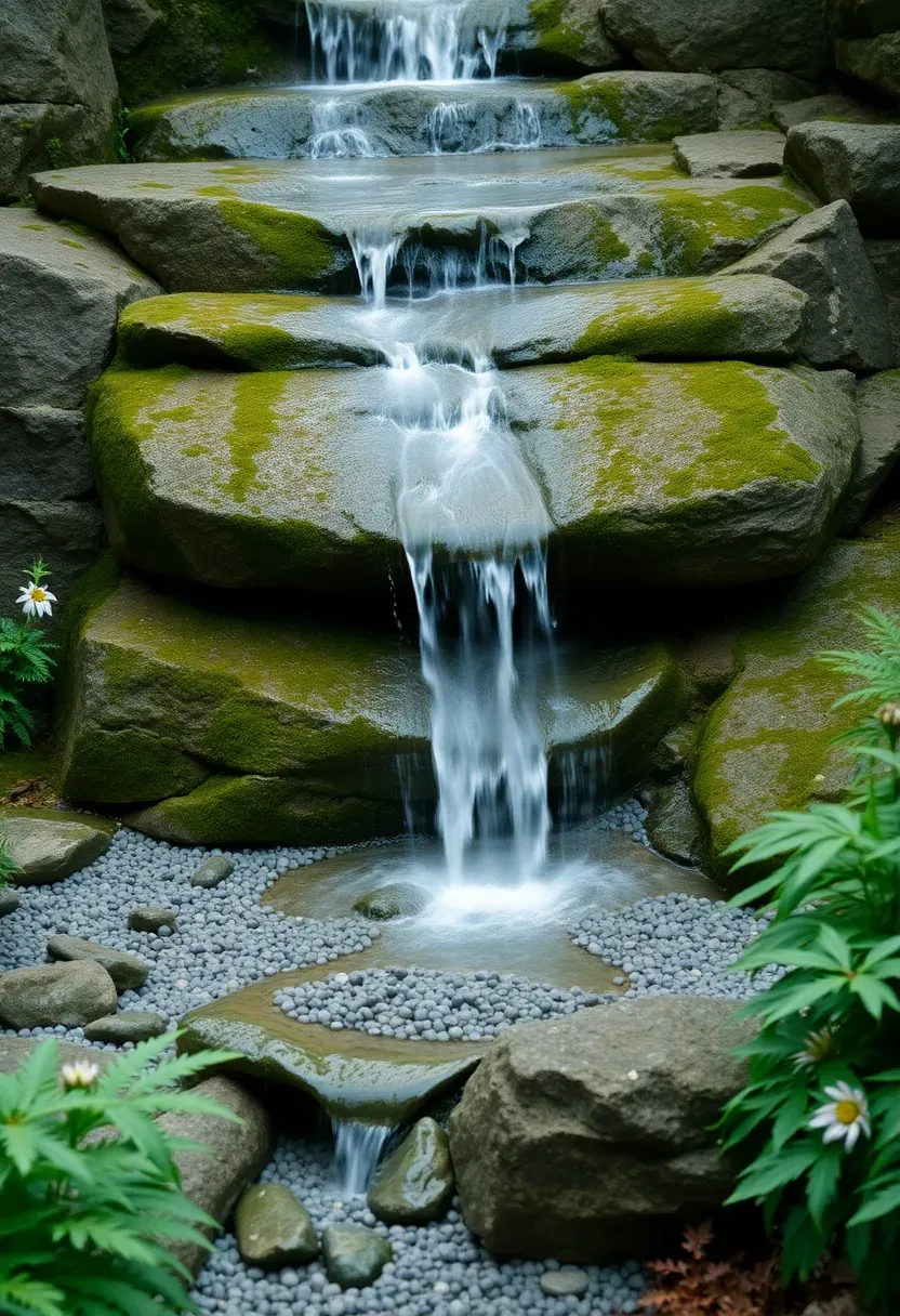 Pondless waterfall cascading over stacked moss-covered boulders into a hidden underground gravel reservoir in a lush garden