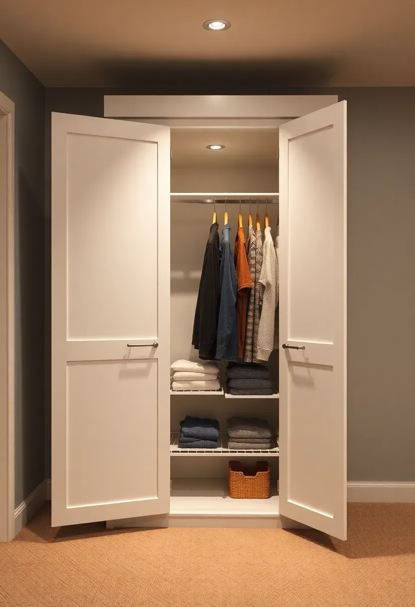 Tall freestanding wardrobe cabinet with open doors showing organized shelves in a finished basement