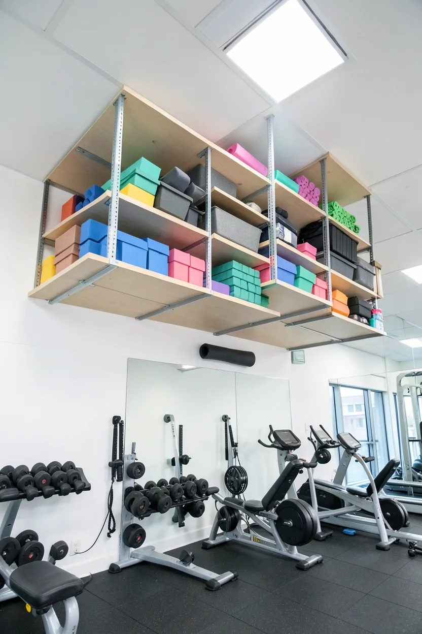Overhead wall shelves near ceiling storing foam rollers and yoga blocks in a compact gym room