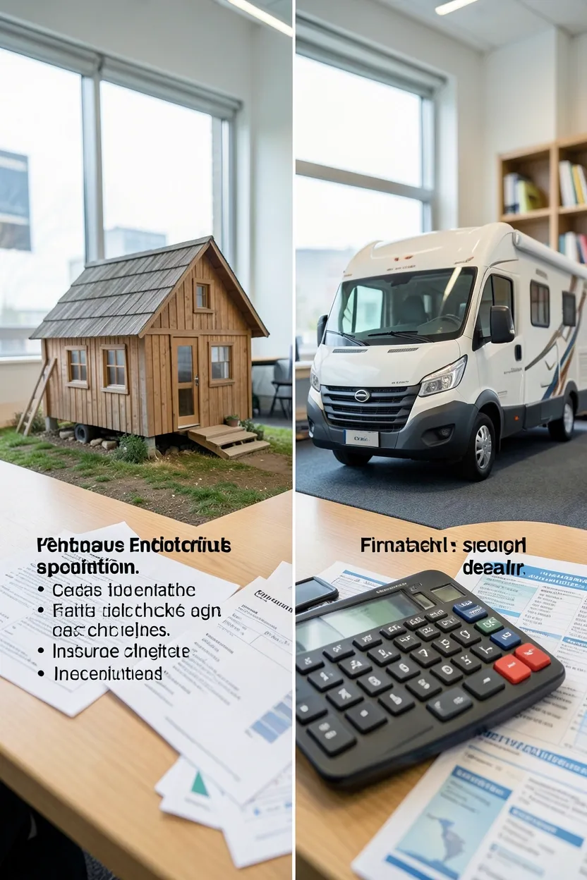 Person reviewing loan documents and insurance paperwork for financing an alternative housing purchase like a tiny house or RV