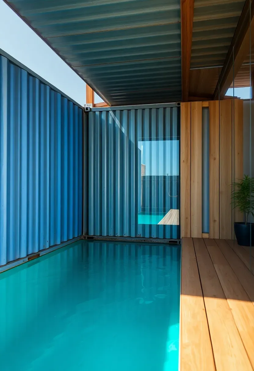 Repurposed shipping container pool with modern deck and glass viewing panel