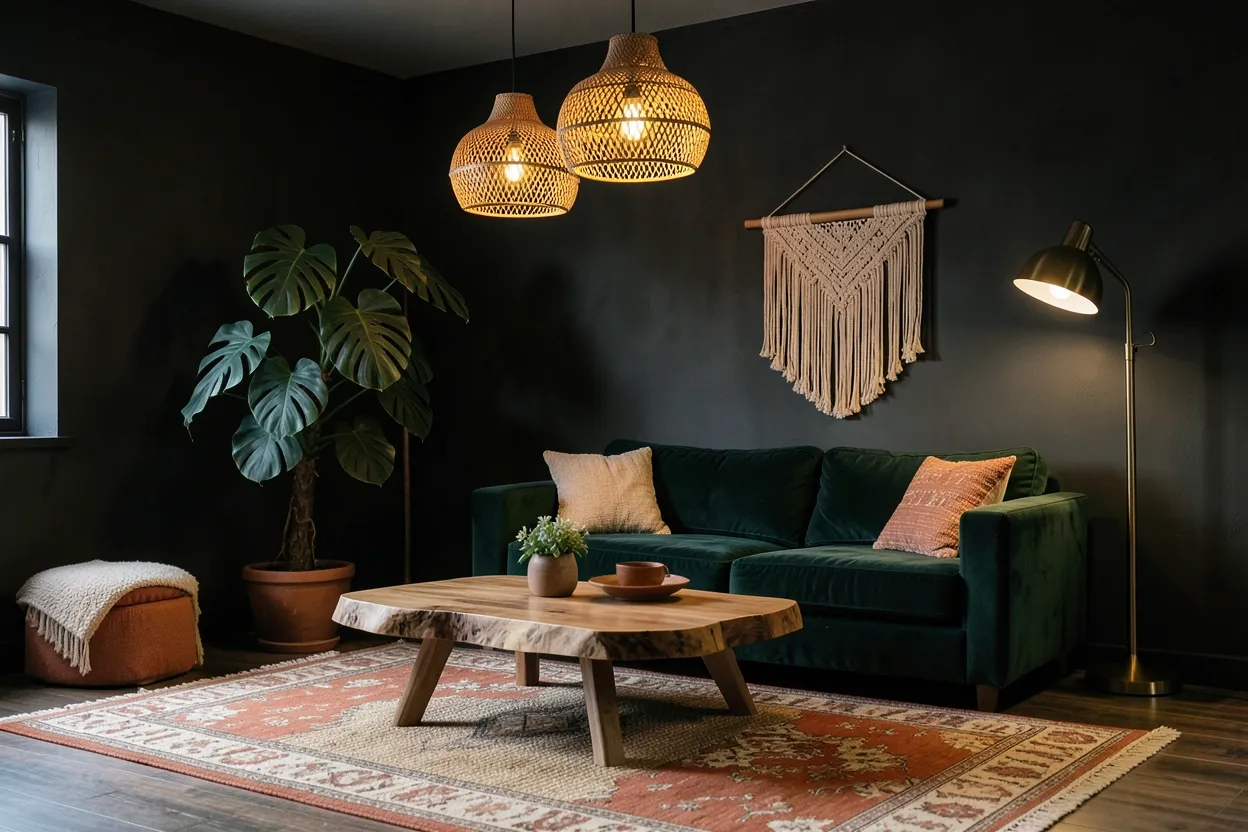 Dark boho living room with charcoal walls, layered vintage rugs, velvet sofa, and warm rattan pendant light — moody bohemian apartment interior