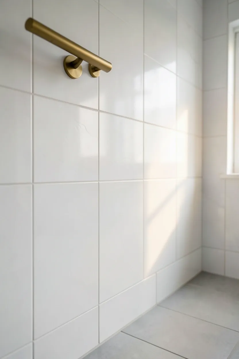 Large format grey porcelain tiles on bathroom floor and walls creating a seamless, low-grout modern look