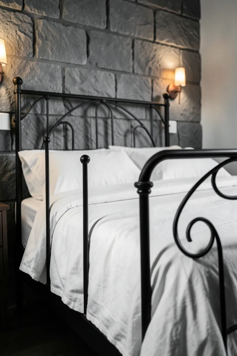 Handwoven wool tapestry in muted earth tones hanging above a bed in a natural wabi sabi bedroom