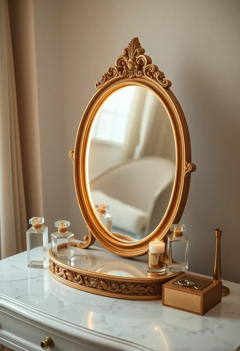 Elegant crescent moon shaped vanity mirror with gold frame sitting on a dressing table with cosmetics and candles