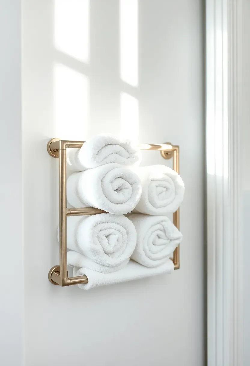 Two slim towel bars mounted on the inside of a bathroom closet door holding rolled hand towels