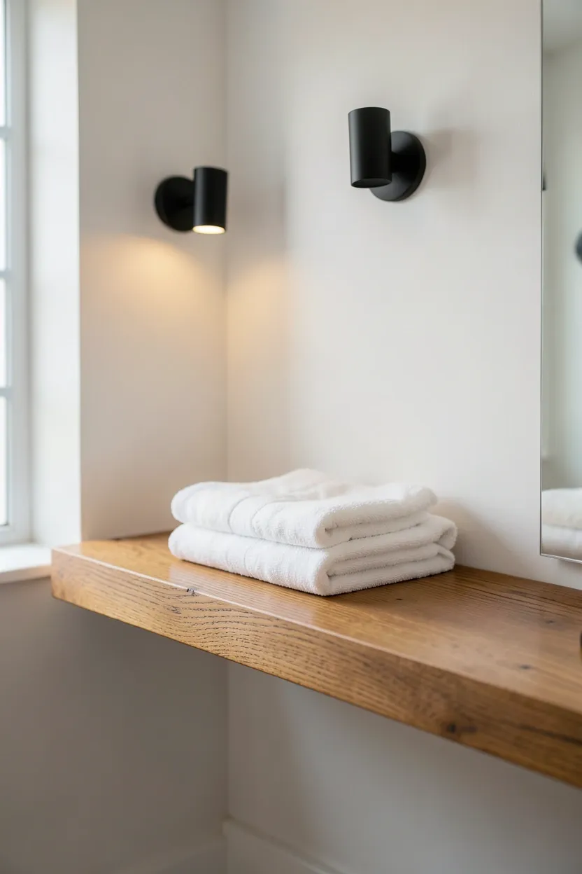 Teak wood shelf and bamboo accessories adding natural warmth to a white modern bathroom with cool tile