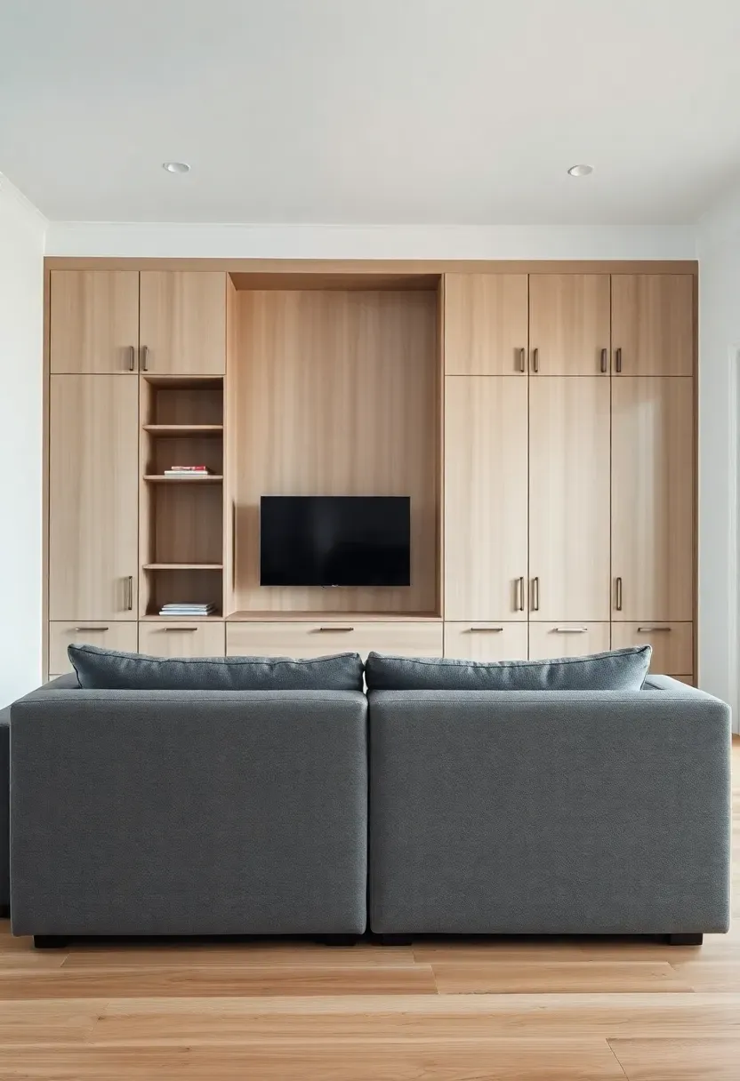 Hyper-realistic wide shot of minimalist living room with medium gray sofa facing floor-to-ceiling built-in storage wall, cabinetry features flat-panel doors in light wood or white, minimal hardware, TV centered within cabinetry, no visible clutter. Materials: gray upholstery, light oak or matte white cabinetry, white walls, light oak floor. Soft diffused natural light, organized minimalist mood with emphasis on concealed storage. Sharp details on cabinetry and sofa, composition showing relationship between sofa and storage wall, no text, no logos, no watermarks.</p>