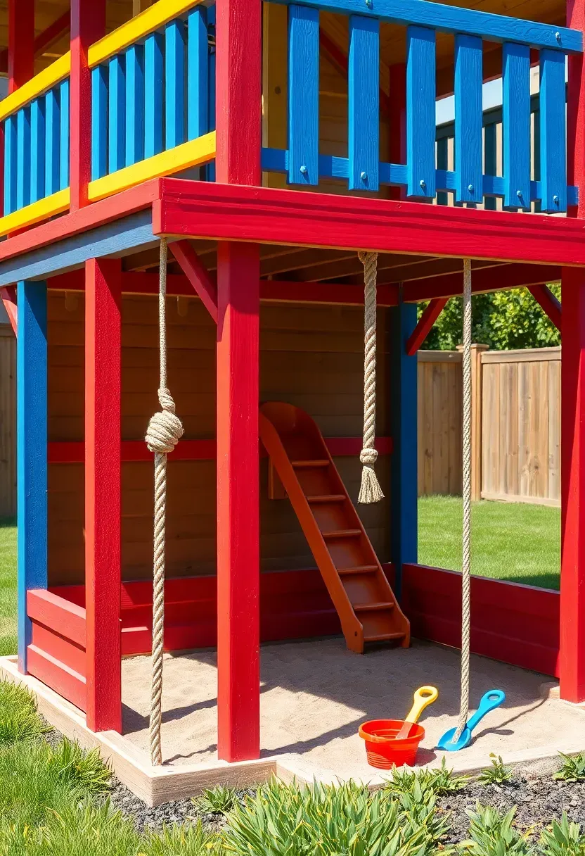 A colorful kids playhouse gazebo with a small slide attached to one side, a climbing rope on another, painted in bright primary colors, with a sandbox underneath and a child playing