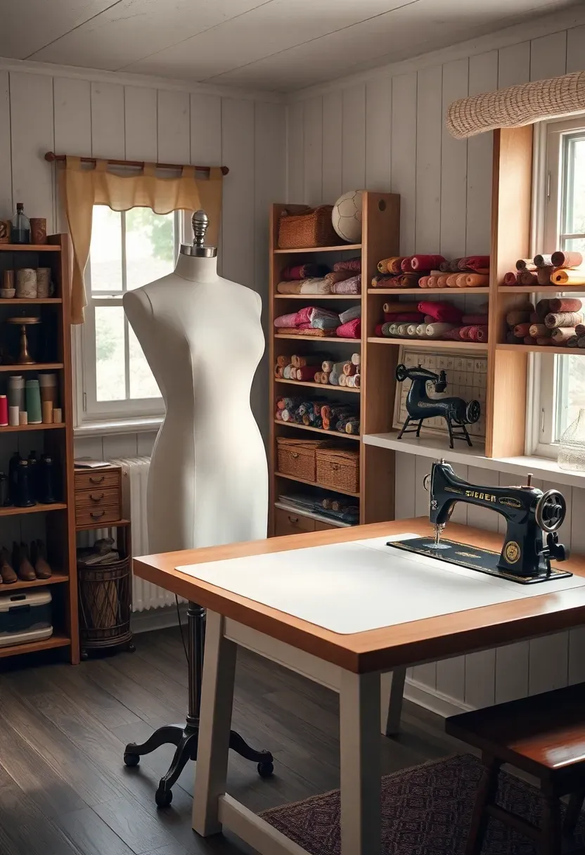 She shed sewing and fashion design studio with cutting table under pattern paper, cotton muslin dress form, color-organized thread spool shelves, and vintage Singer sewing machine on side bench