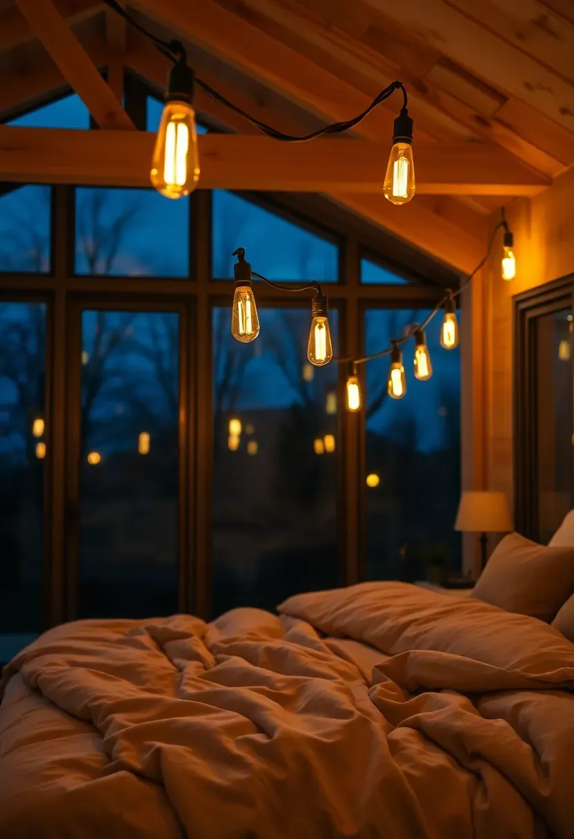 Warm Edison-style string lights draped along sunroom ceiling beams at dusk, casting golden glow over a bed with linen duvet, twilight sky visible through windows