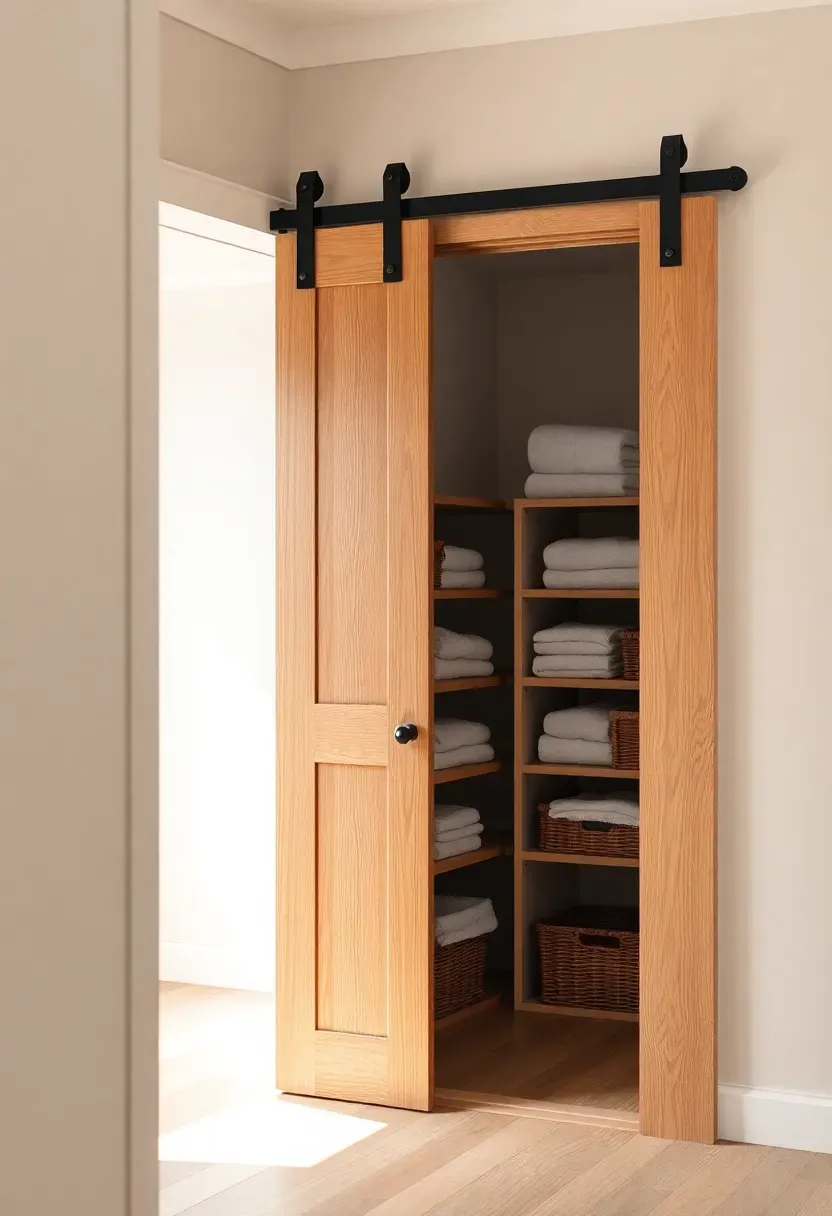 Bathroom linen closet with sliding barn door in natural wood with black hardware track mounted above the doorway opening