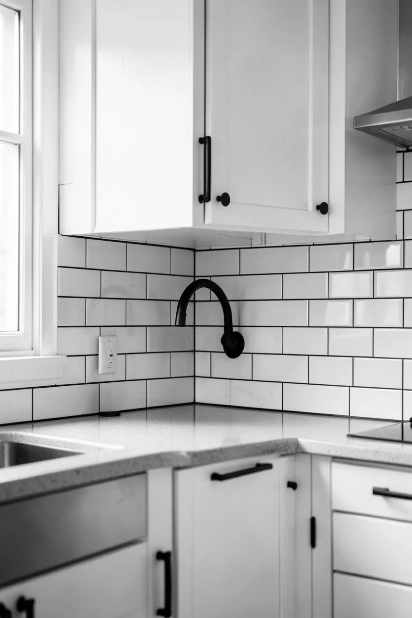 White shaker kitchen cabinets with matte black bar pull hardware, a renter-friendly upgrade that adds modern contrast without permanent changes