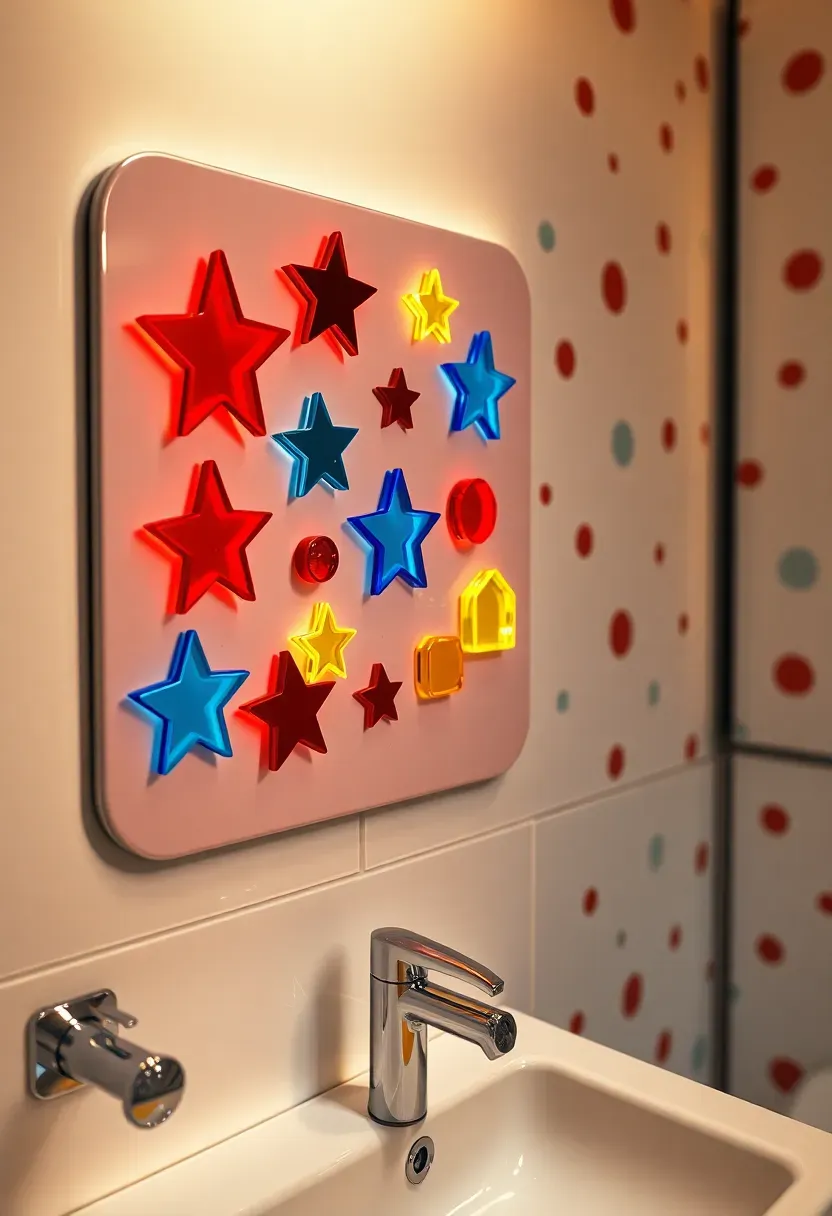 Toca Boca hotel bathroom interactive wall with magnetic movable decor, LED color-changing panels, and chalkboard sections