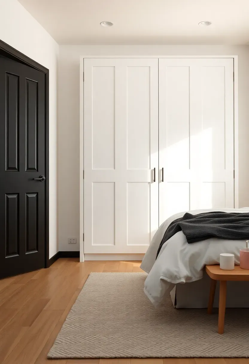 Black door and white closet to define zones
