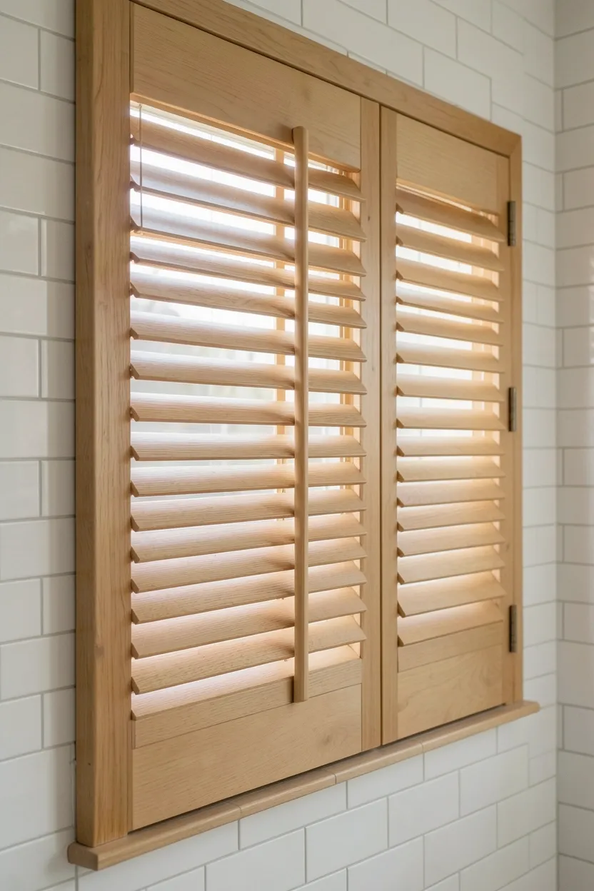 Natural oak plantation window shutters in a japandi bathroom — soft diffused light with warm wood geometry
