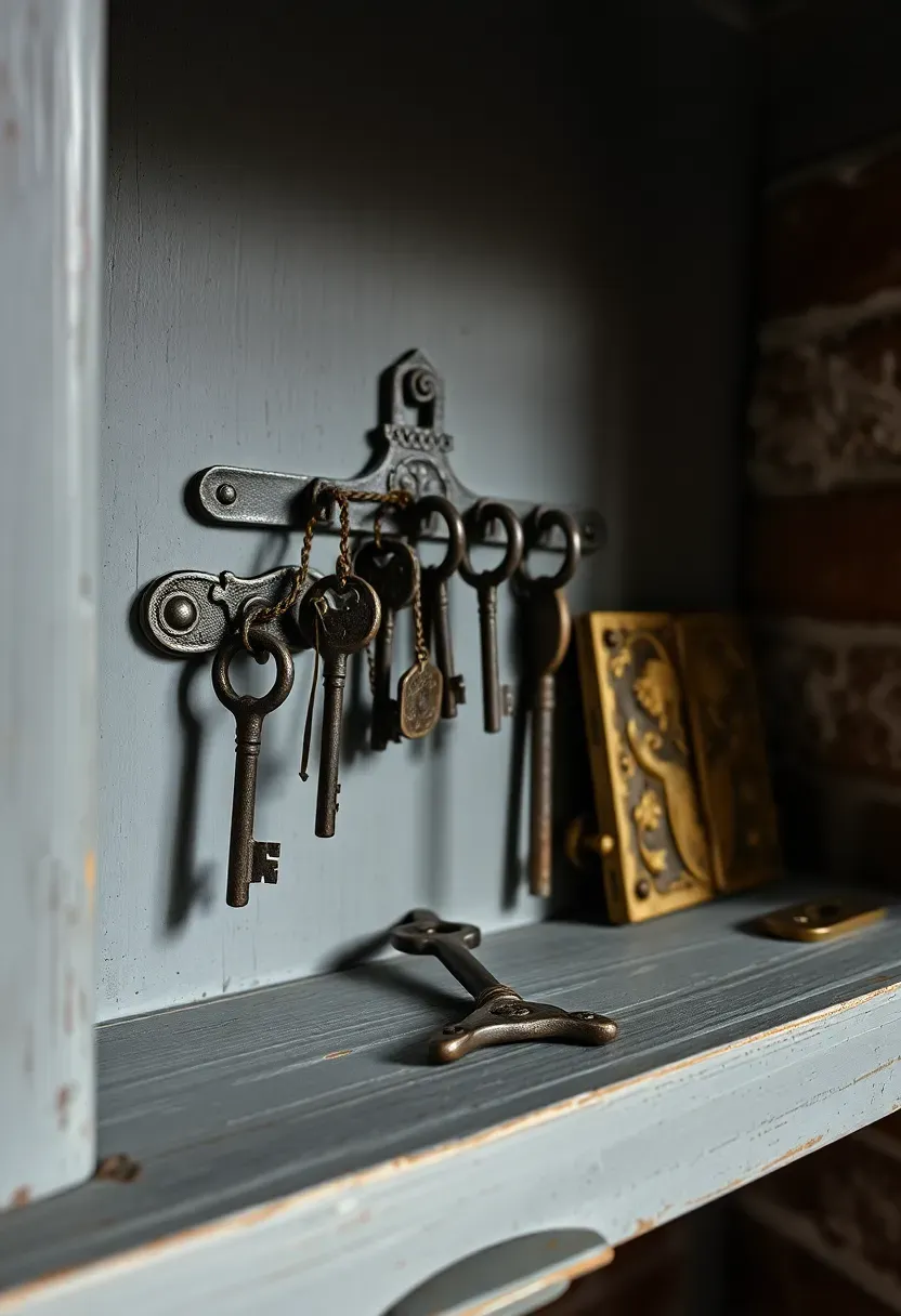 antique iron keys and vintage hardware displayed on a brick wall shelf