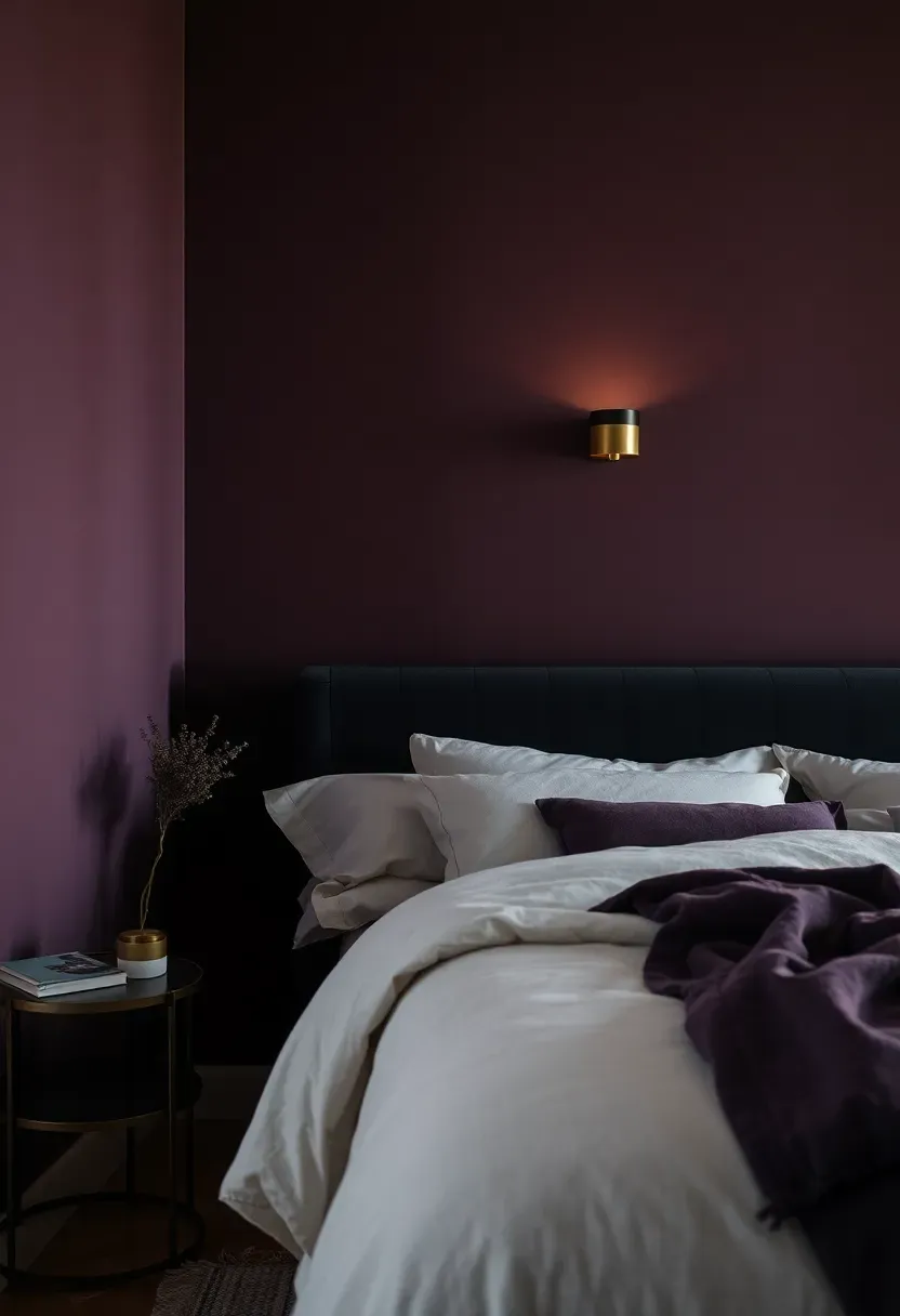 Smoky plum walls with layered sconce light