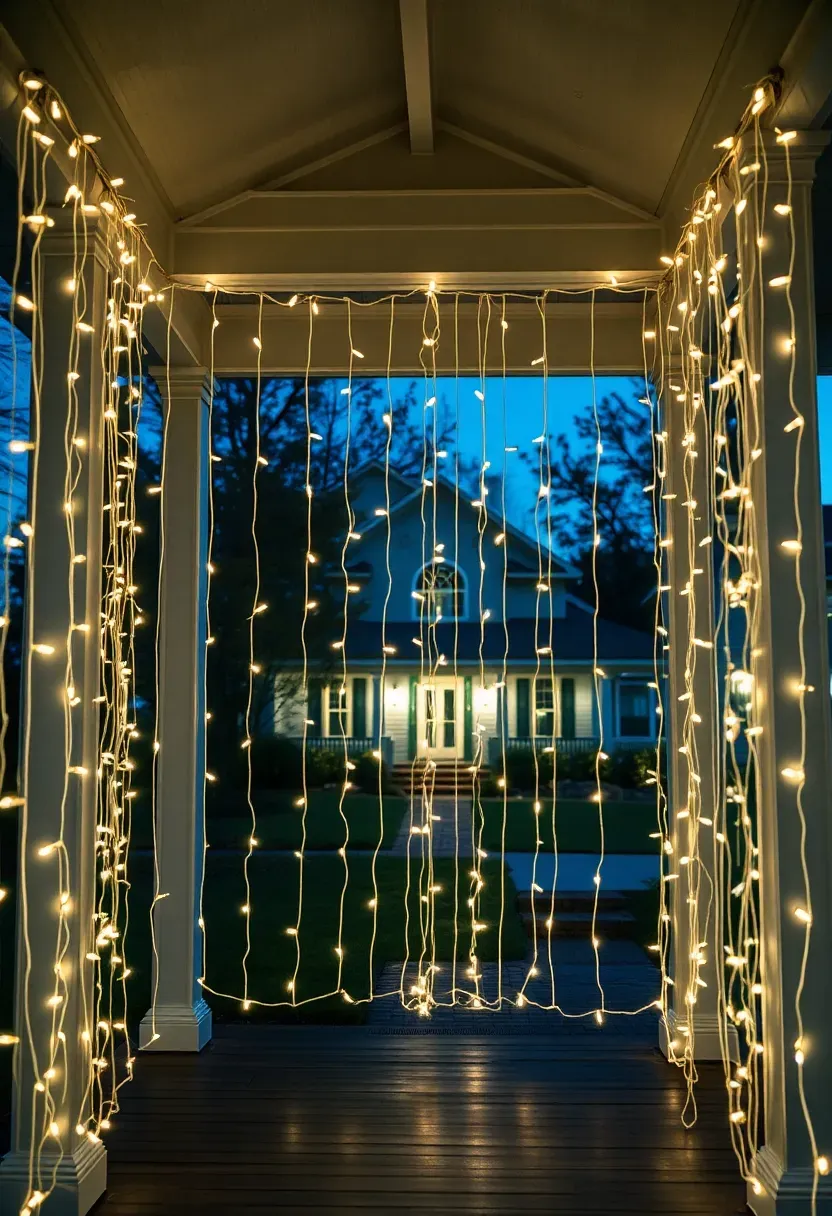 Hyper-realistic 3/4 view from inside a residential front porch looking outward through multiple vertical curtains of string light strands hanging from the porch ceiling beam, with the front yard and house facade visible beyond the lighted curtains. Materials: white porch ceiling with exposed beam, white vertical light strands creating semi-transparent curtain effect, wood porch floor, white columns at porch edges, brick foundation, lawn and walkway visible beyond, house facade with additional lighting in distance. Natural evening darkness with warm white light curtains creating dramatic textured layers between porch interior and exterior view, cool blue ambient sky visible beyond. Theatrical elegant mood like restaurant patio holiday display. Shallow depth of field, sharp details on nearest curtain strands, layered composition creating depth, soft shadows, no text or watermarks.</p>