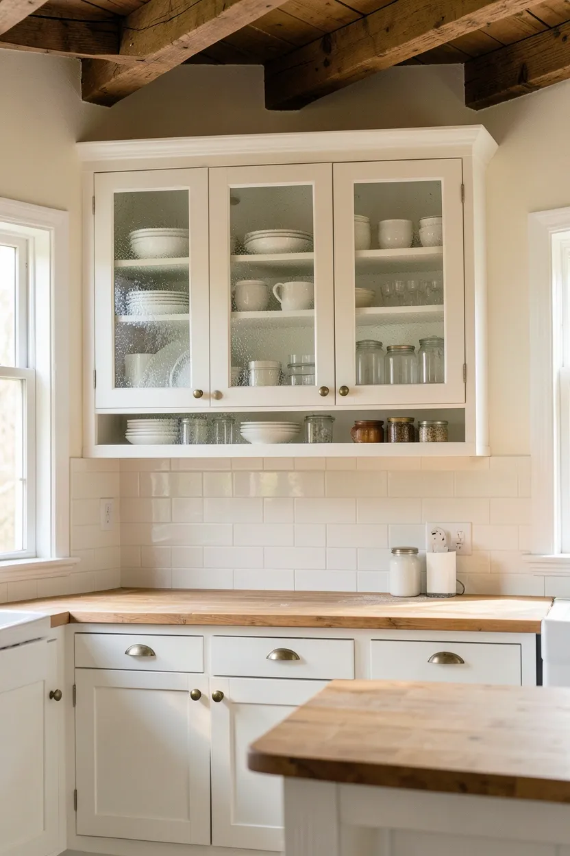 Hyper-realistic eye-level photograph of white shaker cabinets with glass upper doors in a cottage kitchen. Upper cabinet doors have seeded glass panels with subtle imperfections, revealing white ceramic dishes and vintage glass storage containers inside. Lower cabinets solid white with aged brass pulls. Creamy white walls, warm natural light from windows reflecting off glass. Subway tile backsplash visible between upper and lower cabinets. Butcher block counter with small prep area. Materials: painted white wood, seeded glass, brass hardware, ceramic. Elegant rustic cottage mood. Visible kitchen context - island visible below, ceiling with wooden beams. Slight dust accumulation visible on bottom shelf items showing real use. No text, no logos, no watermarks.</p>