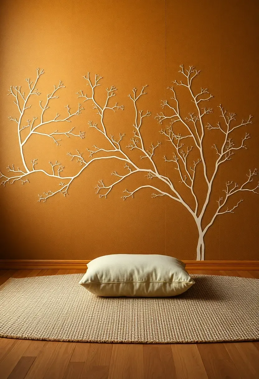 Biophilic meditation room with a mycelium growth pattern accent wall featuring branching white fungal network patterns on a warm brown earth-toned background