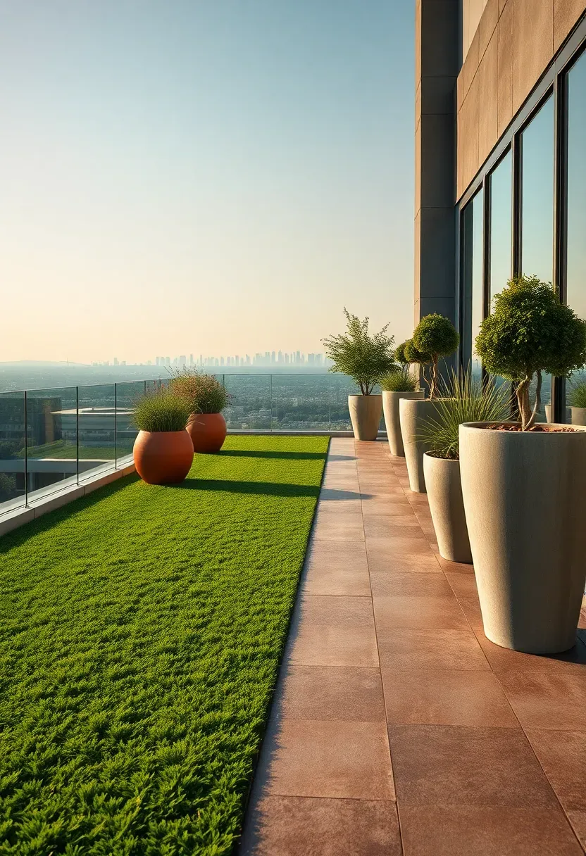 Rooftop terrace with synthetic turf laid over a waterproof membrane with potted plants and city skyline behind