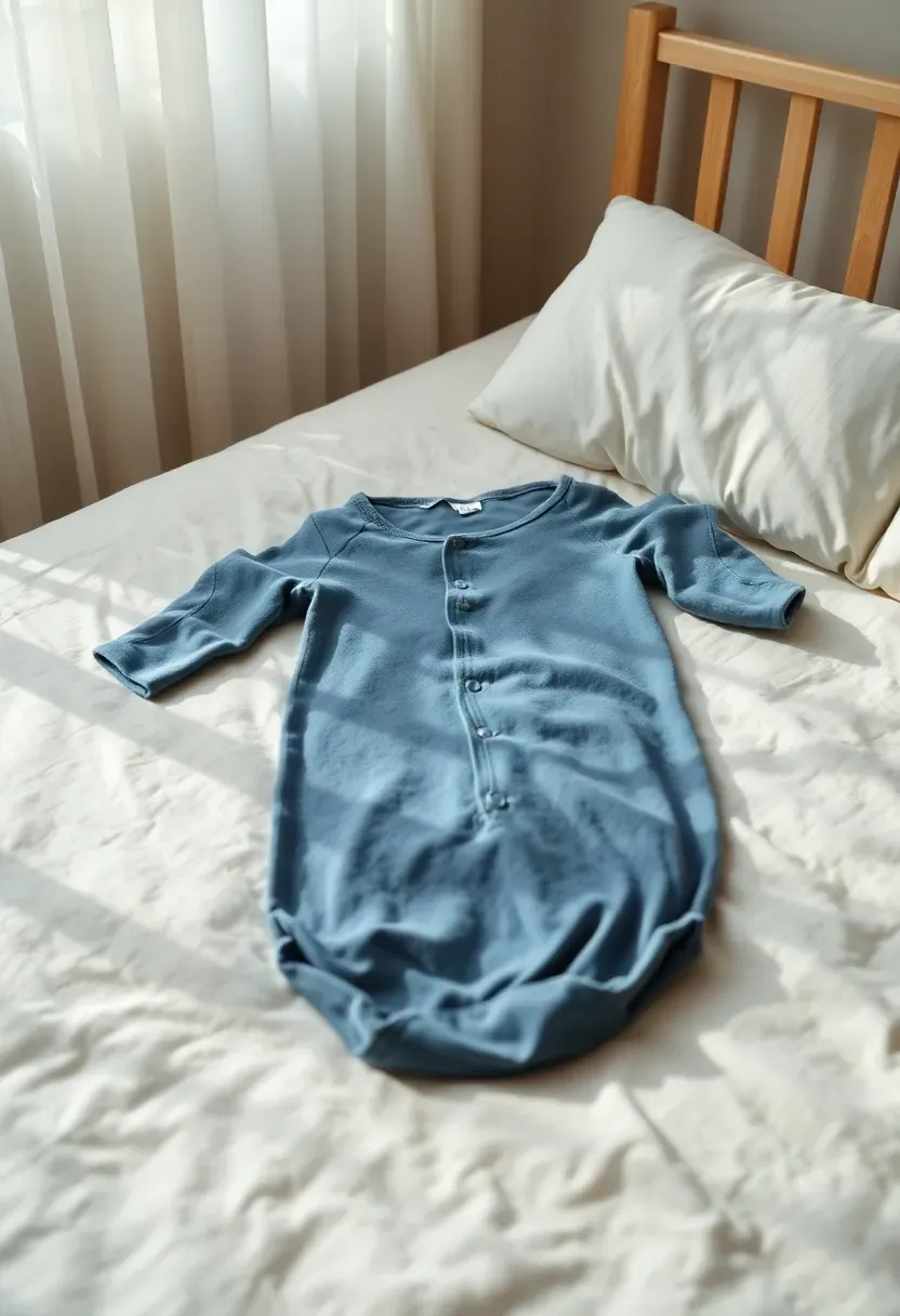 cozy convertible baby sleep sack in slate blue laid flat on a nursery bed