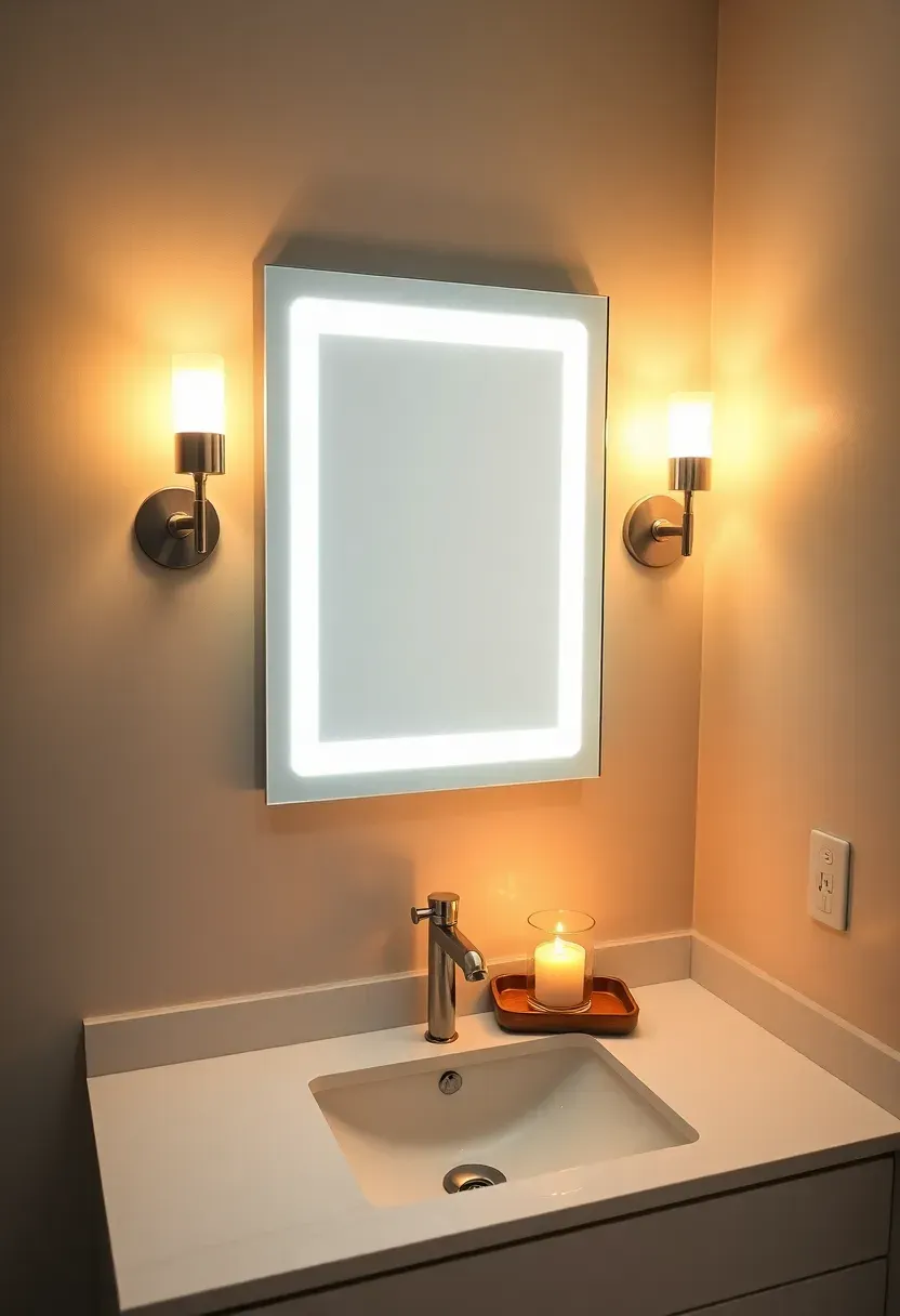 Small bathroom vanity with backlit LED mirror, two plug-in sconces at eye level, and a small candle on a tray — warm 2700K layered lighting creating a serene evening atmosphere