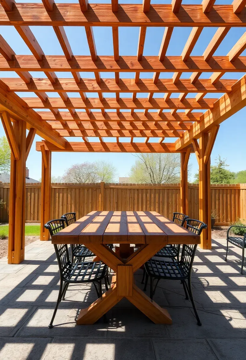 Freestanding cedar pergola with evenly spaced rafters casting linear shadows over a patio dining set
