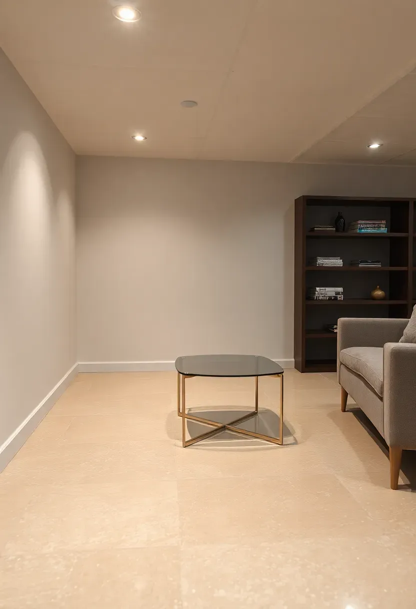 Pearlescent mica-coated basement floor with a soft iridescent shimmer in champagne tones under recessed LED lighting