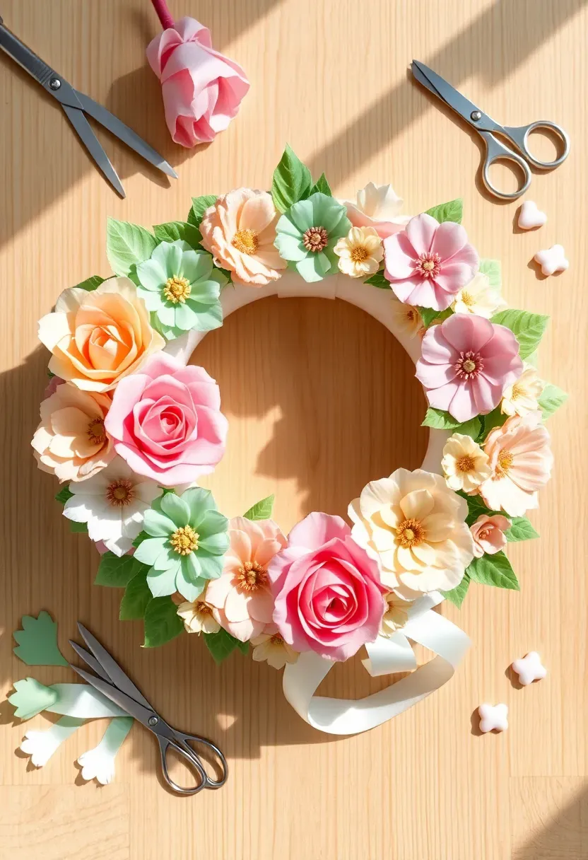 colorful paper flower Easter wreath with handmade crepe paper blooms in spring colors