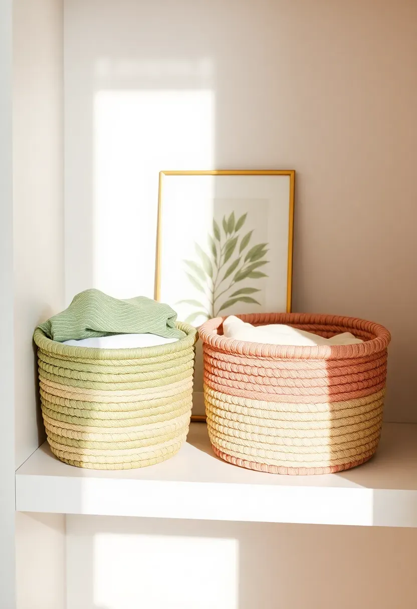 nursery closet shelf with color-coded woven baskets in sage green, cream, and dusty rose, each holding different baby clothing categories