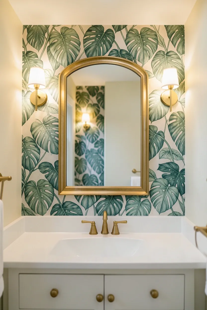 Botanical green wallpaper with large leaf prints and gold mirror frame in a powder room bathroom — nature-inspired green bathroom decor