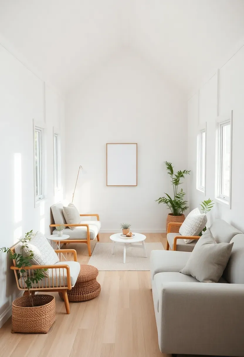 Hyper-realistic interior view of tiny house living area showing minimalist aesthetic with carefully selected possessions, neutral color palette, and intentional empty space creating calm serene environment. Materials: light wood floor, white walls, single piece of artwork, carefully chosen furniture with clean lines, plants adding life without clutter, visible negative space intentional and calming. Soft natural light creating peaceful minimalist atmosphere. Shallow depth of field focusing on carefully arranged living space with intentional empty space, showing how tiny houses support minimalist philosophy. Minimalist serenity aesthetic. No text, no logos, no watermarks.</p>