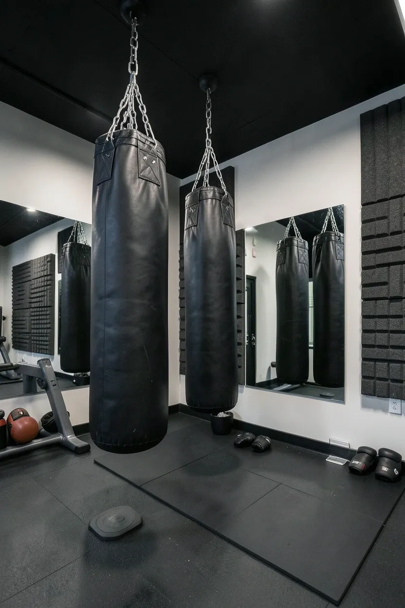 Dedicated Peloton bike setup in a home workout room with wall-mounted screen, small hand weights shelf, and a rubber mat on hardwood floor