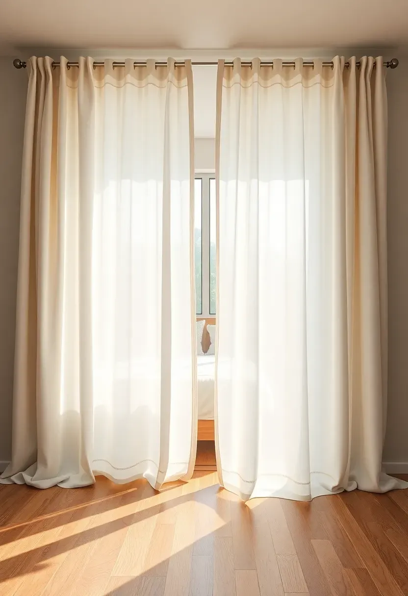bedroom with floor to ceiling linen drapes in warm ivory pooling softly on hardwood floor