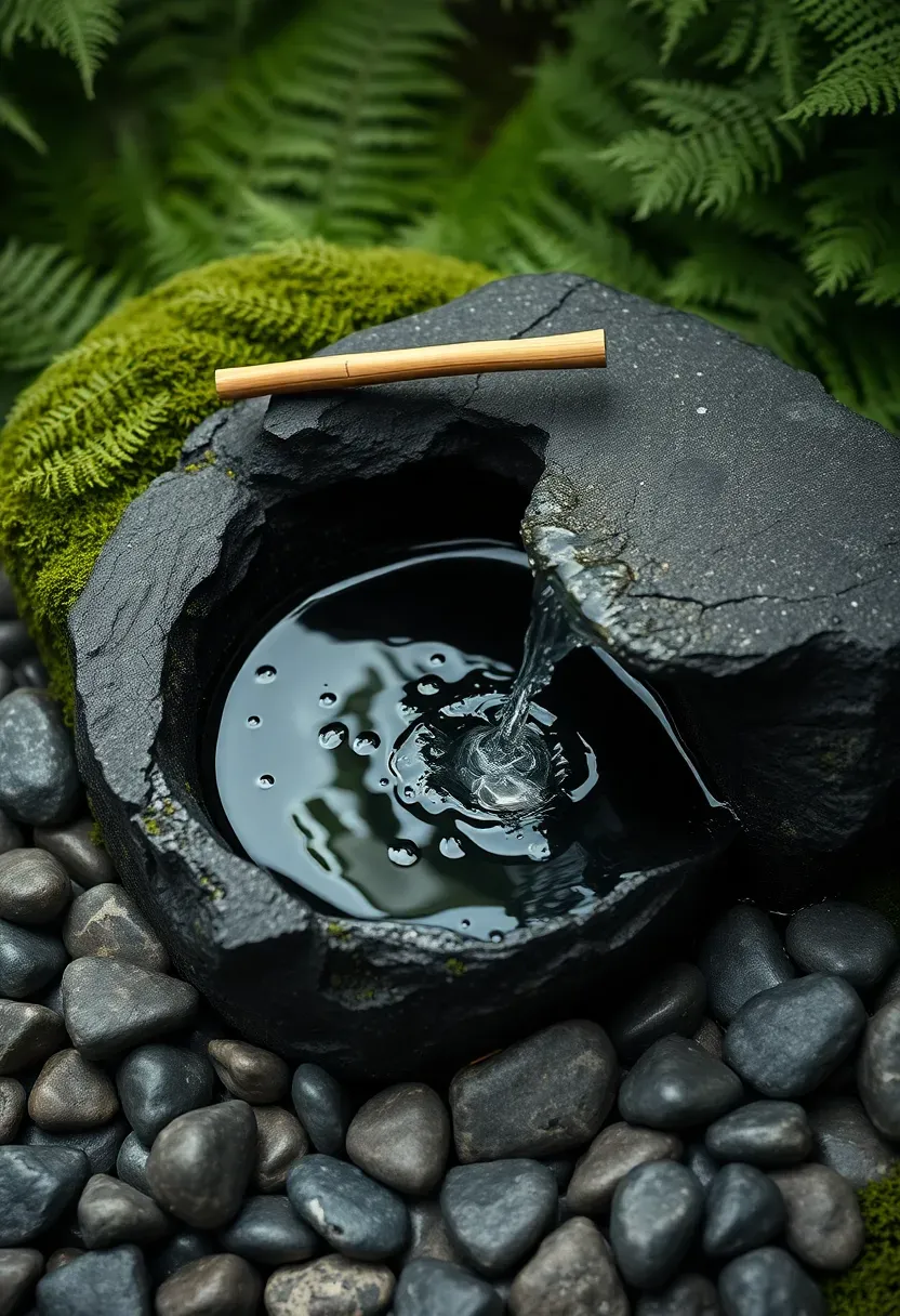 Minimalist tsukubai water basin in a zen garden with a bamboo water spout trickling into a dark granite basin surrounded by river pebbles and fern moss