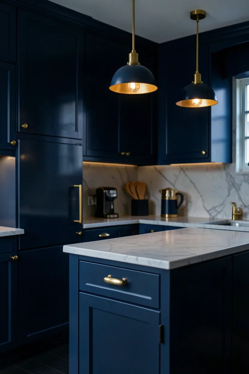 Moody Blue Kitchen with Gold Accents