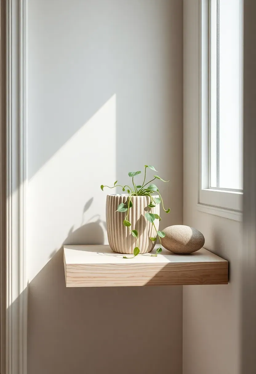 Small floating plant shelf with trailing pothos, air plant, and river stone in apartment entryway